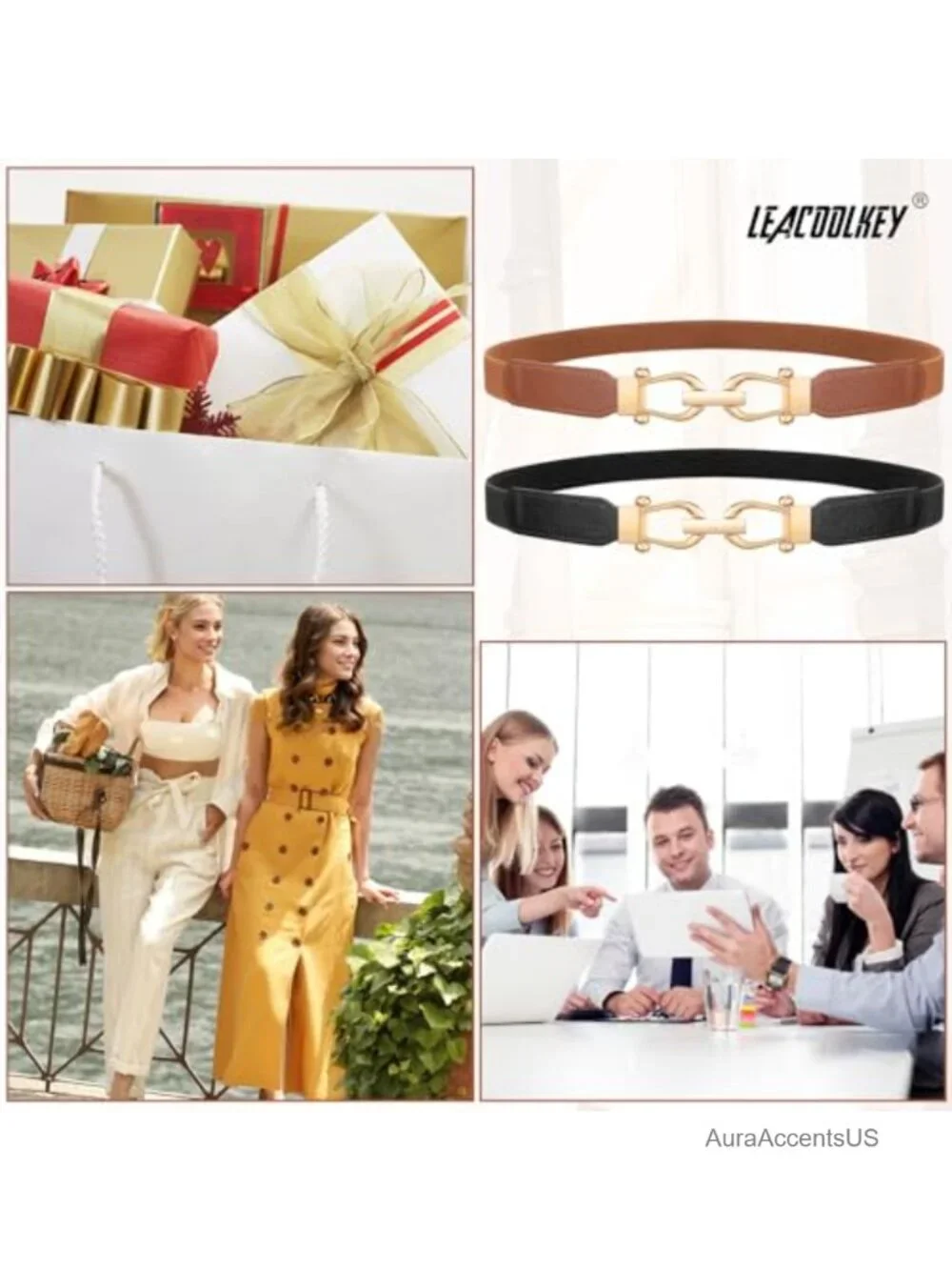 Women Skinny Stretch Belts 2 Pack Thin Elastic Waist Belt Gold Buckle